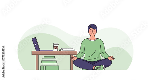 Meditative Person At Desk Finding Serenity While Surrounded By Work And Technology