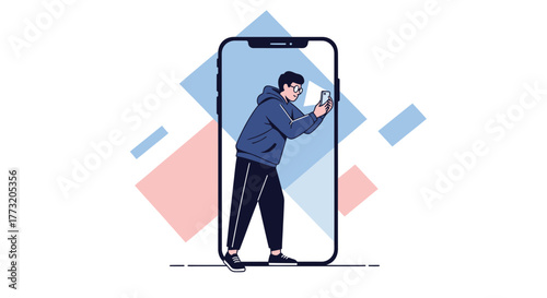 Modern Illustration of Man Inside a Smartphone, Taking a Photo, Digital Lifestyle Concept
