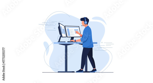 Modern Professional Working At Desk With Two Screens And Headset Illustration