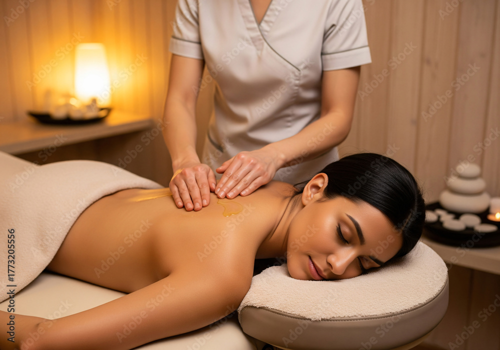 Fototapeta premium Woman Receiving Relaxing Back Massage at Spa for Wellness and Relaxation