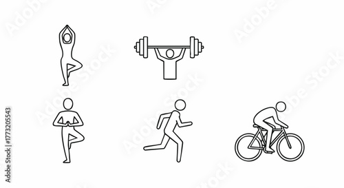 Editable vector line art icons featuring various fitness activities: yoga, weightlifting, running, and cycling. Ideal for health and sports application interfaces and infographics.