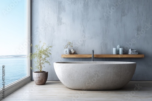 Contemporary bathroom features a freestanding tub with ocean view.