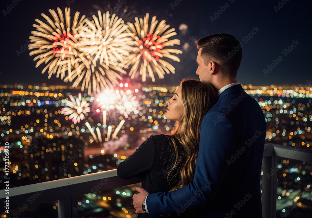 Obraz premium A couple watching a fireworks display at night, the sky illuminated with bursts of red and white fireworks
