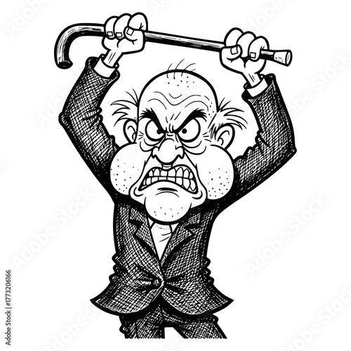 Furious, angry old man in a suit clenching his teeth and raising a cane over his head, captured in an aggressive, detailed black and white vintage cartoon/caricature style.