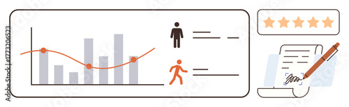 Bar graphs and line charts track performance metrics alongside individual data points, star ratings, and signed feedback. Ideal for analytics, evaluations, reviews, progress, performance tracking