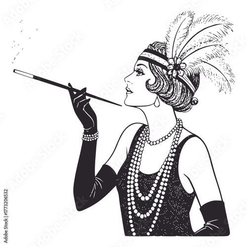 Elegant Flapper woman in a feather headband, long gloves, and pearls, holding a cigarette holder, captured in a stylish black and white vintage illustration from the 1920s era.