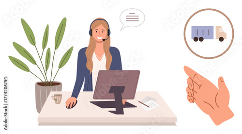 Female support representative with headset uses monitor to address delivery-related queries, surrounded by plants and office items. Ideal for logistics, customer service, communication