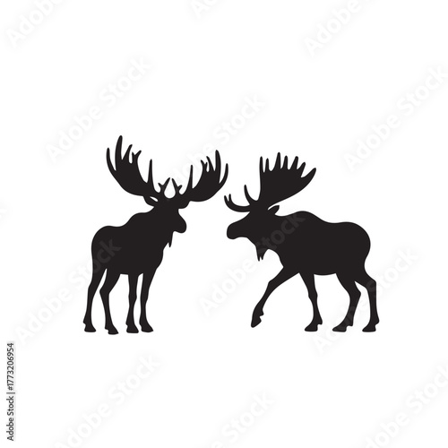 Set of black moose silhouettes in various poses.