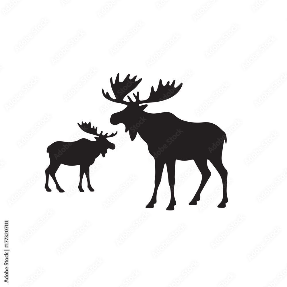 Fototapeta premium Set of black moose silhouettes in various poses.