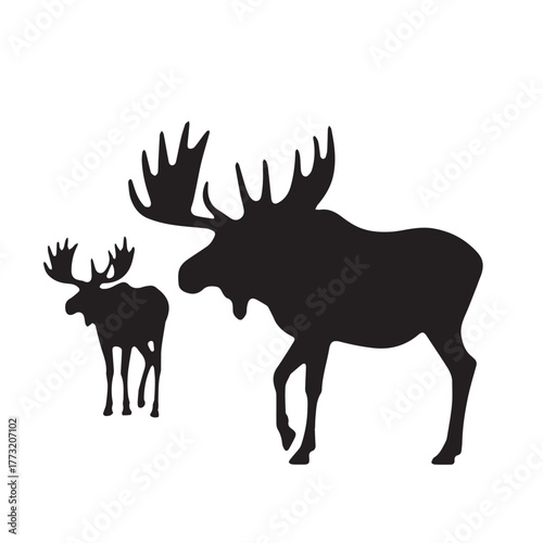 Set of black moose silhouettes in various poses.