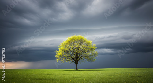 Solitary Tree Standing Tall Against Impending Storm Clouds in Meadow