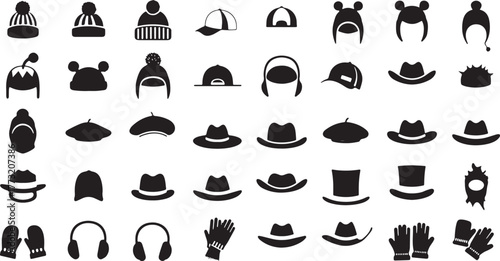 Collection of Black Silhouette Icons of Hats Gloves and Ear Muffs on White Background beanie beret