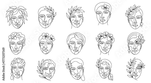 Set of 15 continuous one-line drawings of diverse feminine faces and heads adorned with leaves, flowers, and laurels. Modern, minimalist abstract art of beauty and nature.
