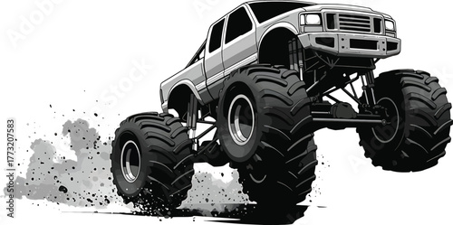 Monster Truck Jumping and Kicking Up Dust on White Background Keywords: monster truck, off-road, extreme, vehicle, jump, action, speed, power, dirt