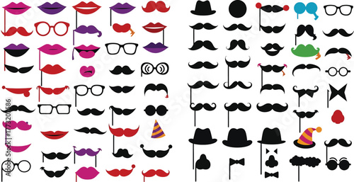 Photo Booth Props Collection Moustaches Lips Glasses Hats and Noses on White Background party celebration