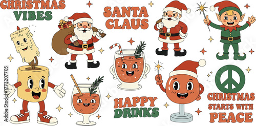 Retro Christmas Characters and Festive Drinks with Holiday Sayings santa claus candle