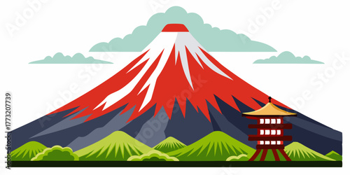 Stylized flat vector illustration of Mount Fuji, the iconic Japanese mountain, with a red, snowy peak, lush green foothills, and a traditional pagoda building in the foreground.
