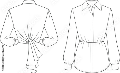 Women's blouse sketch, front and back view, fashion flat template, technical drawing, vector illustration, cad style, garment construction design