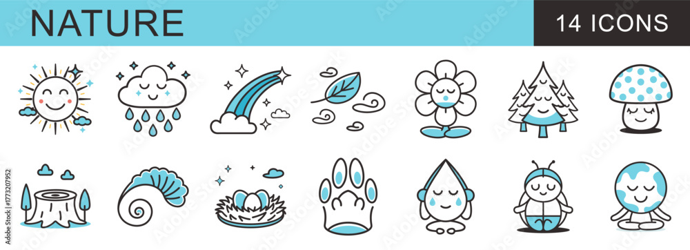 Naklejka premium Set of 14 cute, minimalist icons representing Nature and ecology. Includes symbols for weather, plants, animals, and conservation with a meditation/zen theme and bright blue accents.