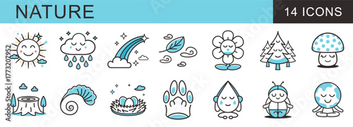 Set of 14 cute, minimalist icons representing Nature and ecology. Includes symbols for weather, plants, animals, and conservation with a meditation/zen theme and bright blue accents.
