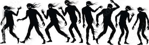 Zombie silhouettes walking vector illustration, creepy undead monsters with glowing eyes, horror Halloween concept art, spooky apocalypse design, scary night creature graphic, dark artwork