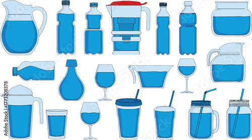 Assortment Of Containers Filled With Blue Liquid And Water Filter Pitcher Keywords: water, liquid, blue, container, pitcher, bottle, jug, glass, cup