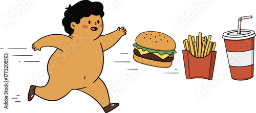 Chubby Cartoon Boy Chasing Fast Food Items Hamburger Fries And Soda Keywords: boy, cartoon, chasing, running, fast food, hamburger, fries, french