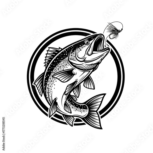 Jumping Trout Fly Fishing Logo Vector | Vintage Bass Angling Emblem