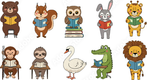 Collection of cute cartoon animals reading books at desks and on chairs vector illustration