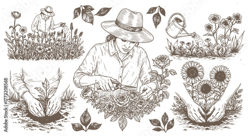 Detailed vintage-style engraving set illustrating gardening and farming. Scenes include a woman planting, watering, caring for flowers, holding soil and plants.