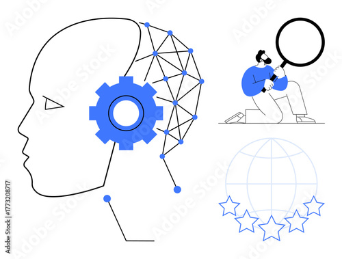 Profile of AI head with network connections and gear, man examining with magnifier, globe with stars. Ideal for AI, teamwork, innovation, data analysis, research, technology global evaluation