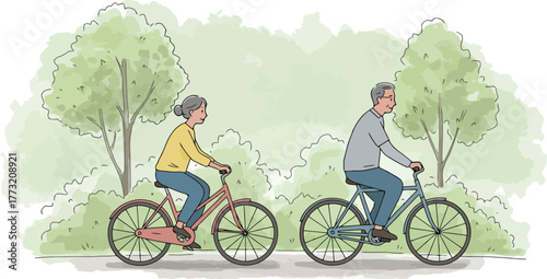 Elderly couple cycling together in a park with lush green trees and bushes senior retirement