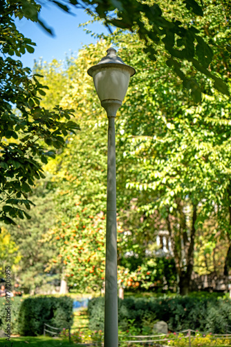 A street light is standing in a park with trees and bushes