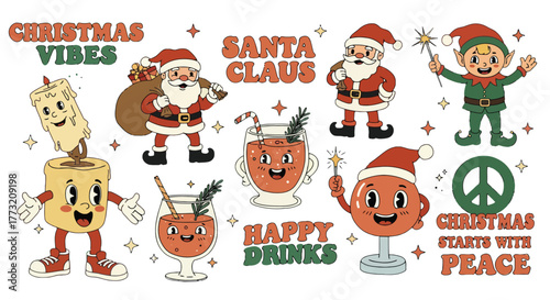 Retro Christmas sticker set with Santa Claus, elf, candle, drinks and peace sign Keywords: Christmas, retro, vintage, sticker, set, Santa Claus, elf