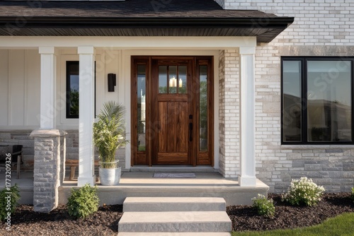 Elegant wood front door with glass panels welcomes visitors to a modern home.