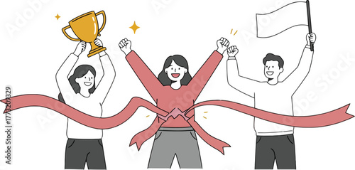 People Celebrating Success With Ribbon And Trophy