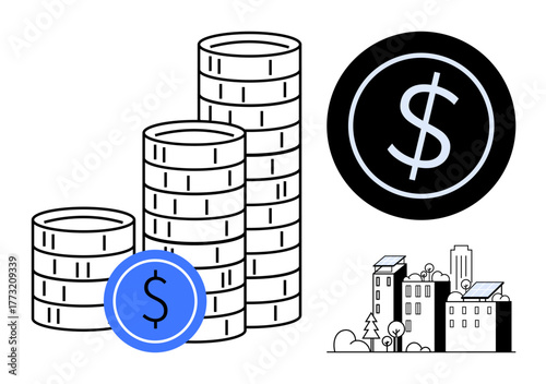 Stacks of coins, dollar sign in a circle, and a city with solar panels reflect finance, sustainability, investment, and urban growth. Ideal for economic growth, banking, saving business