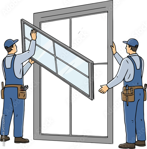 Two construction workers installing a large window frame with glass panes builders installation