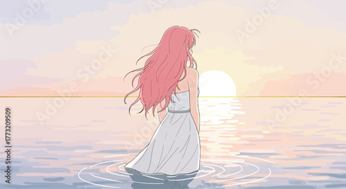 Woman in white dress standing in water at sunset with pink sky girl long hair