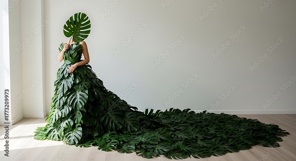 Naklejka premium Enigmatic Figure in Lush Green Monstera Leaf Gown with Dramatic Train.