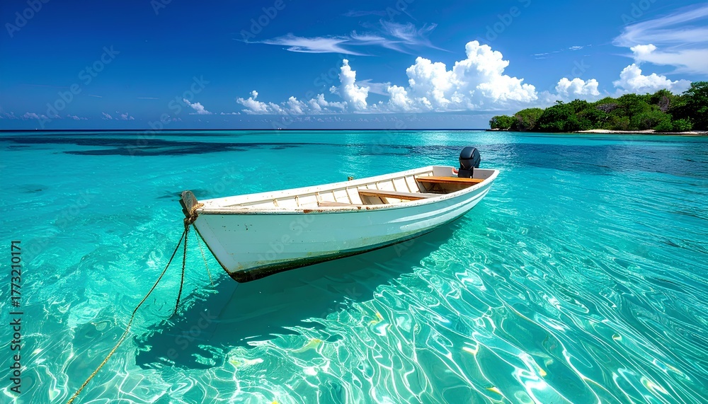 Naklejka premium a boat floating on clear turquoise sea water with copy space