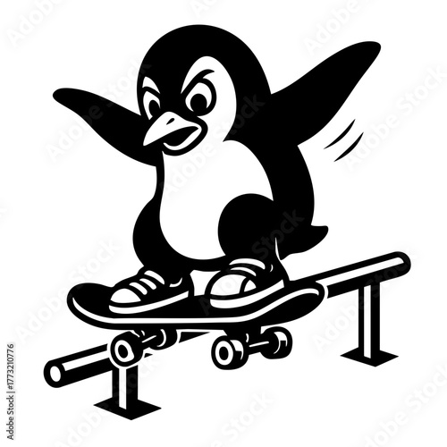 penguin doing a skateboard grind on a rail, black and white