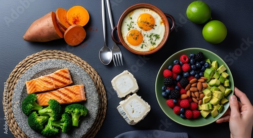 Wallpaper Mural Healthy balanced meal flat lay with grilled salmon broccoli and fresh berry salad. Torontodigital.ca