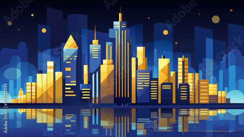 Vibrant night cityscape illustration with stylized buildings glowing in deep blues and warm golden yellow lights. Modern urban skyline reflected perfectly on the water below. Corporate, finance, techn