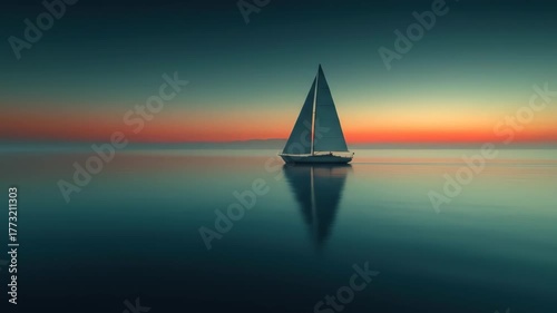 A lone sailboat glides on tranquil, reflective waters under a colorful twilight sky