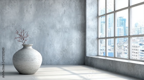 A minimalist room with a large window showcasing a cityscape.