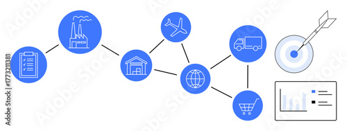 Connected icons represent a factory, warehouse, airplane, truck, globe, cart, and analytics targeting goal completion. Ideal for logistics, production delivery efficiency planning commerce