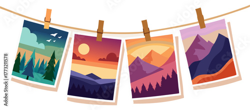 Collection of four vintage-style photo prints of mountain and forest landscapes, hanging on a clothesline. Symbolizes travel memories, nature photography, adventure, and vacation planning.