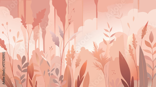 Warm, abstract botanical background featuring stylized foliage, grass, and plants in soft terracotta, peach, and blush tones, creating a tranquil, hazy atmosphere. Ideal for minimalist and wellness de