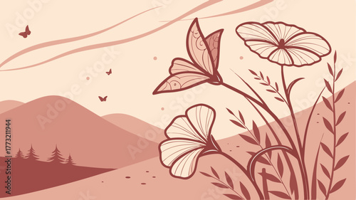 Elegant monochromatic floral landscape with stylized wildflowers, butterflies, and layered rolling hills in soft terracotta and muted tones. Serene, natural, and minimalist design for wellness or deco